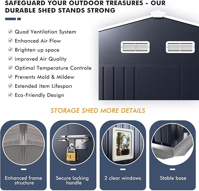 Metal Shed 10x12x7 FT, Sheds Outdoor Storage with Reinforcement, Natural Lighting Tool Sheds with Translucent Roof Panels, Windows, and Lockable Doors, Ideal for Garden, Backyard, and Patio