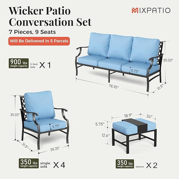 Patio Furniture Set 7 pcs, Outdoor Patio Furniture, 3-Seat Sofa, 4 Single Chairs, 2 Ottomans and 5.75" Extra Thick Cushion, Patio Conversation Set for Garden Backyard Deck,Blue