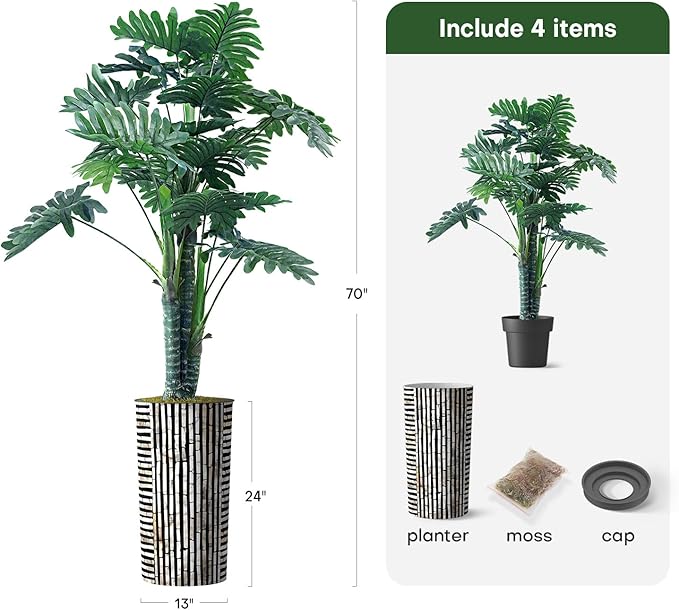 Artificial Tree in Black and Brown Striped Planter, Fake Philodendron Tree Silk Tree for Indoor and Outdoor Home Decoration - 70" Overall Tall (Plant Pot Plus Tree)