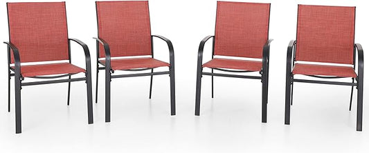 4 Pieces Outdoor Textilene Dining Chairs,Patio Dining Chairs Set, Fixed Patio Chairs with Armrest, Red