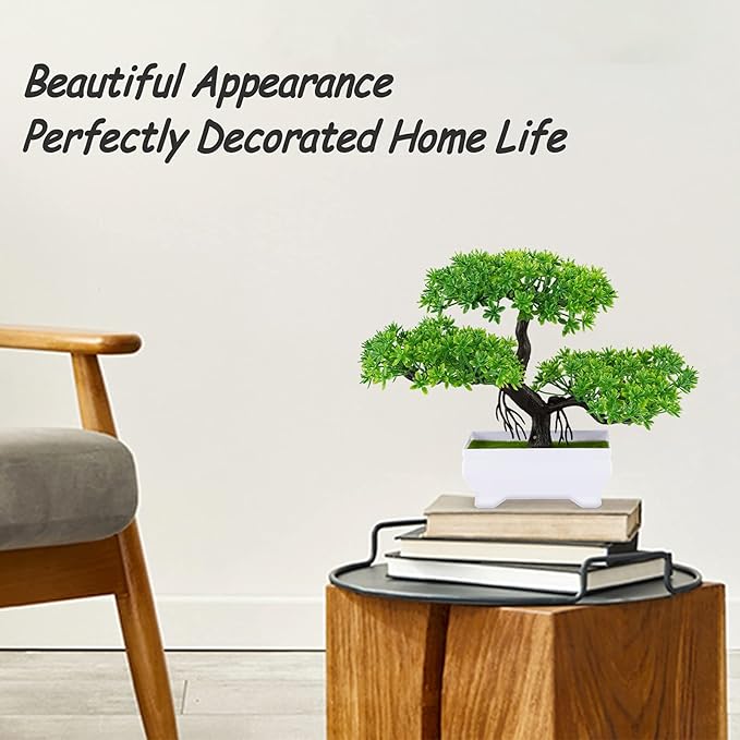 Mini Artificial Bonsai Tree Plants with Plastic Cement Pots for Home Office Décor (Green)