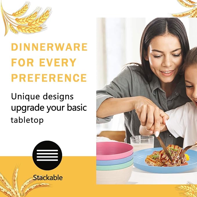 Rubtlamp Wheat Straw Plates and Bowls sets, Reusable Plastic Plate Set for 4, Kitchen Wheat Straw Dinnerware Sets (Spring Four Colors) Include Dinner Platos, Dessert Platos, Cereal Bowls, Cups