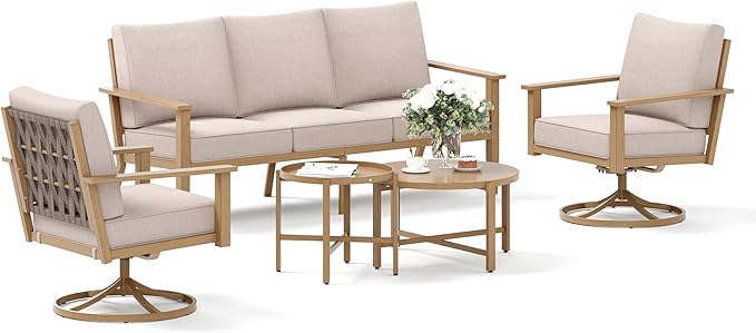Patio Conversation Set,5 Pcs Metal Outdoor Furniture with 3-Seater Sofa,2 Swivel Chairs,Metal Nested Table and 5.75" Extra Thick Cushion for Lawn Garden Backyard,Beige