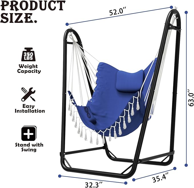 Hammock Chair with Stand,Heavy-Duty Hanging Chair with Stand, for Indoor Outdoor,Sturdy Swing Chair Stand Max Load 350 pounds(Hammock Chair Included) (Navy)
