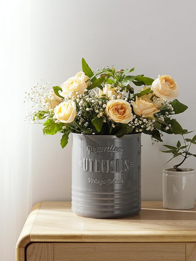 DOWAN 7.2″ Extra Large Kitchen Utensil Holder - Farmhouse Utensil Holder for Countertop - Ceramic Utensil Crock with Protection Cork Mat - Kitchen Decor & Housewarming Gift (Grey)