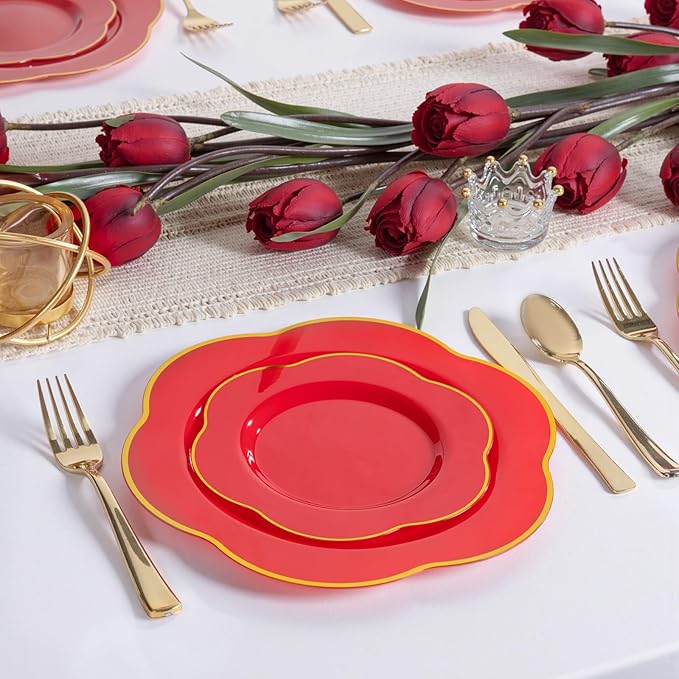 Liacere 50PCS Red Plastic Plates - Heavy Duty Disposable Plate-Red and Gold Include 25PCS Dinner Plate, 25PCS Dessert Plates for Halloween＆Thanksgiving＆Christmas