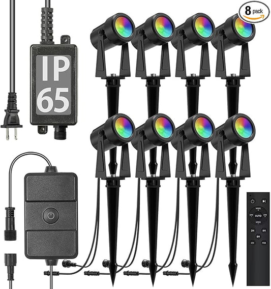 SUNTHIN Outdoor Landscape Lighting with Remote, RGBW Color Changing Spot Uplights, 8 Pack