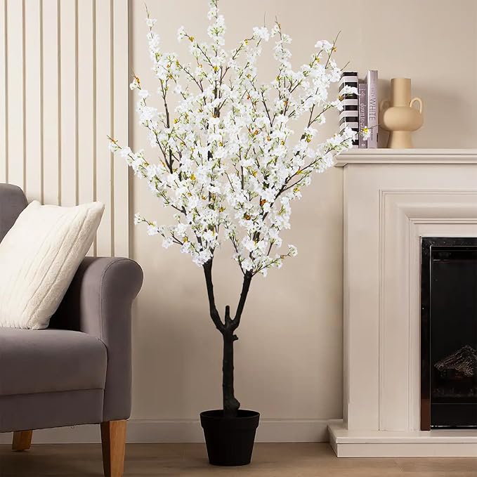 Faux White Cherry Blossom Tree 6ft(72in) Tall Artificial Plant Home Decor Handmade Natural Fake White Flower Tree for Wedding Realistic Silk Cherry Plant in Pot for Living Room,Office,Outdoor Decor.