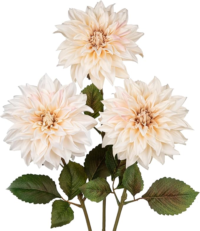 3Pcs White Artificial Dahlia Flowers Fall Fake Flower Silk Flowers with Long Stem 28" Floral Arrangements Bouquets Autumn Faux Dahlias Flowers for DIY Wedding Party Centerpieces Home Decor