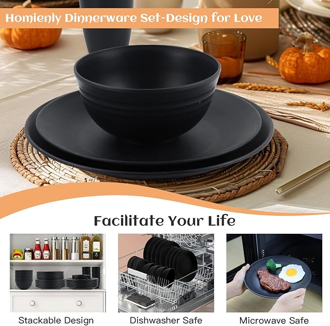 Homienly Wheat Straw Dinnerware Set,40-Piece Dish Set for 8, Dinner Plates, Dessert Plate, Cereal Bowls, Cups, Appetizer Plates,Reusable Dinner Plates Kids Plates and Bowls Sets,Black