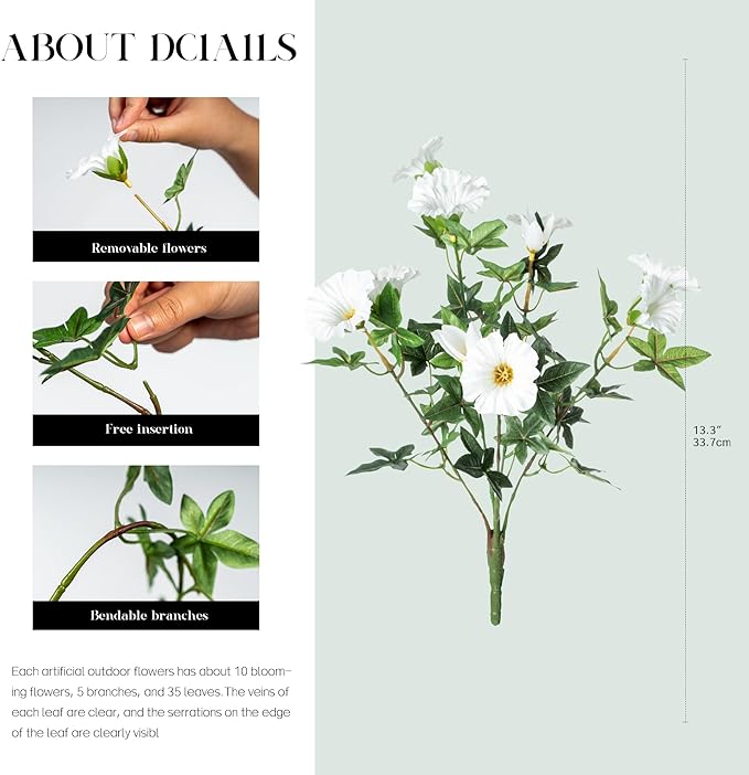 UV Resistant Artificial Petunias 13.3In Fake Flowers Artificial Flowers for Outdoors Silk Flowers 8PCS Fake Hanging Basket Plants Suitable for Outdoor Porch Decoration Patio Decor (White)