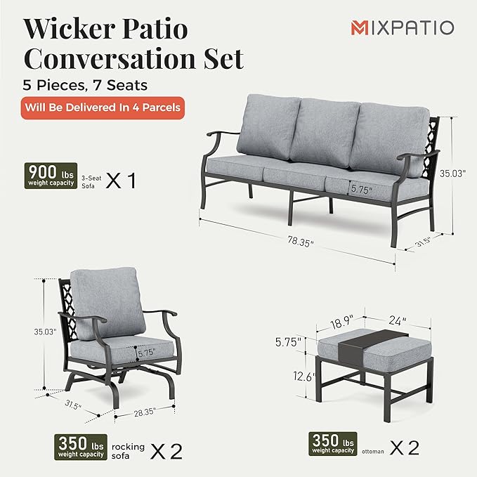 Patio Furniture Set 5 pcs, Outdoor Patio Furniture, 3-Seat Sofa, 2 Rocking Chairs, 2 Ottomans and 5.75" Extra Thick Cushion, Patio Conversation Set for Garden Backyard Deck,Grey