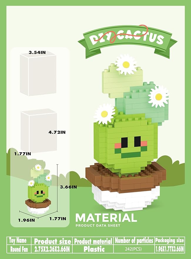 Round Fan Mini Cute Cactus Succulent Plants Bonsai Building Toy Potted Plant Blocks Particle Flower Botanical