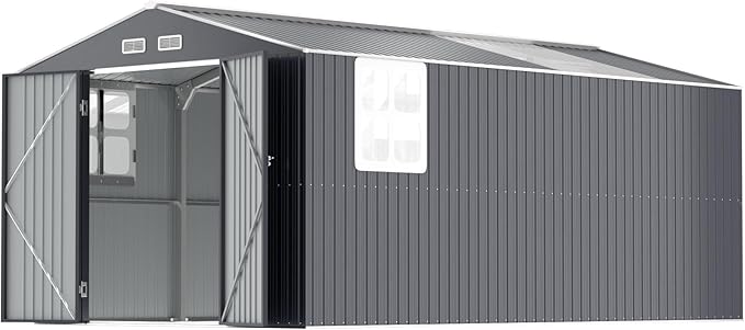 Metal Shed 10x16 FT Big with Heavy-Duty Reinforced Steel Frame and Customizable Skylight, Lockable Doors, 4-Pane Windows, Large Outdoor Storage for Garden, Tools, and Utility