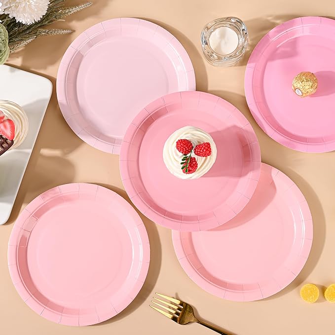 Pink Paper Plates Gradient Pink Party Plates 7”Disposable Round Dessert Plates for Birthday Wedding Bridal Engagement Baby Shower Party Supplies 4 Colors (24)