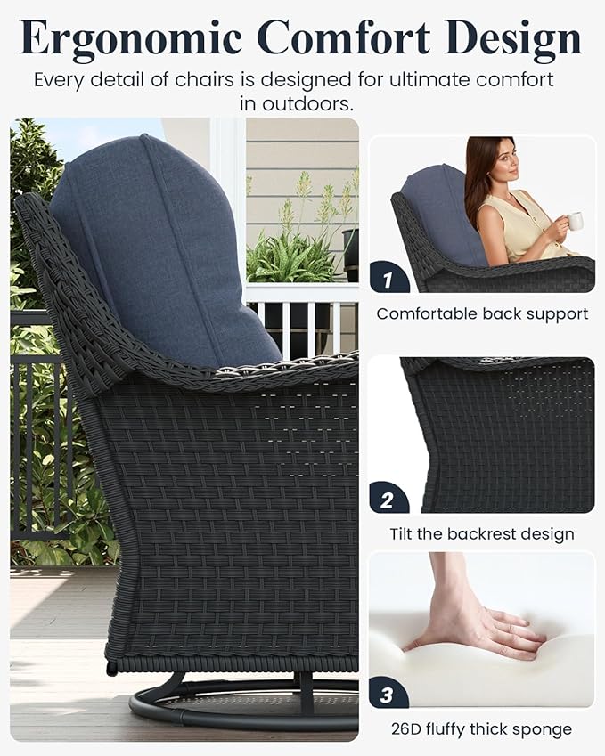 LayinSun 8 Piece Wicker Outdoor Furniture Set with 6-inch Comfy Cushions, High Back Patio Furniture Set with Swivel Rocking Chairs and Fire Pit Table