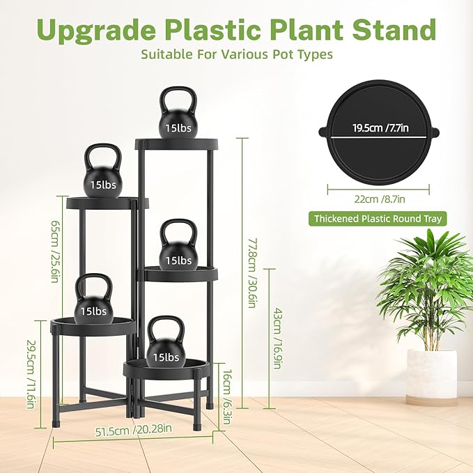 iDavosic.ly 5 Tier Folding Plant Stand Indoor Outdoor with Plastic Tray, Tiered Corner Flower Holder Shelf, Metal Orchid Display Rack for Patio Porch Living Room Garden Balcony, Modern Black
