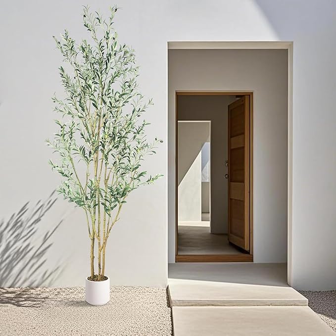 Artificial Fake Olive Tree 8FT Tall 1Pack with White Planter Faux Silk Olive Tree for Home Living Room Office Decor Faux Artificial Plants Indoor with Fruit & Free Moss
