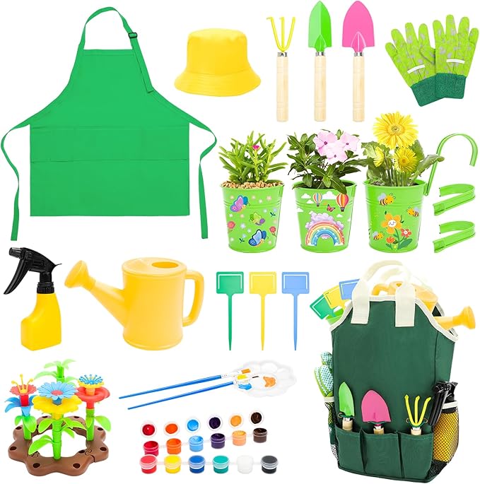 deAO Kids Gardening Set Arts and Crafts for Kids Paint Garden Tools DIY Flower Building Toys with Shovel, Trowel, Rake, Water Can,Gloves,Tote Bag,Apron,Painting Accessories,Outdoor Gift for Boys Girls