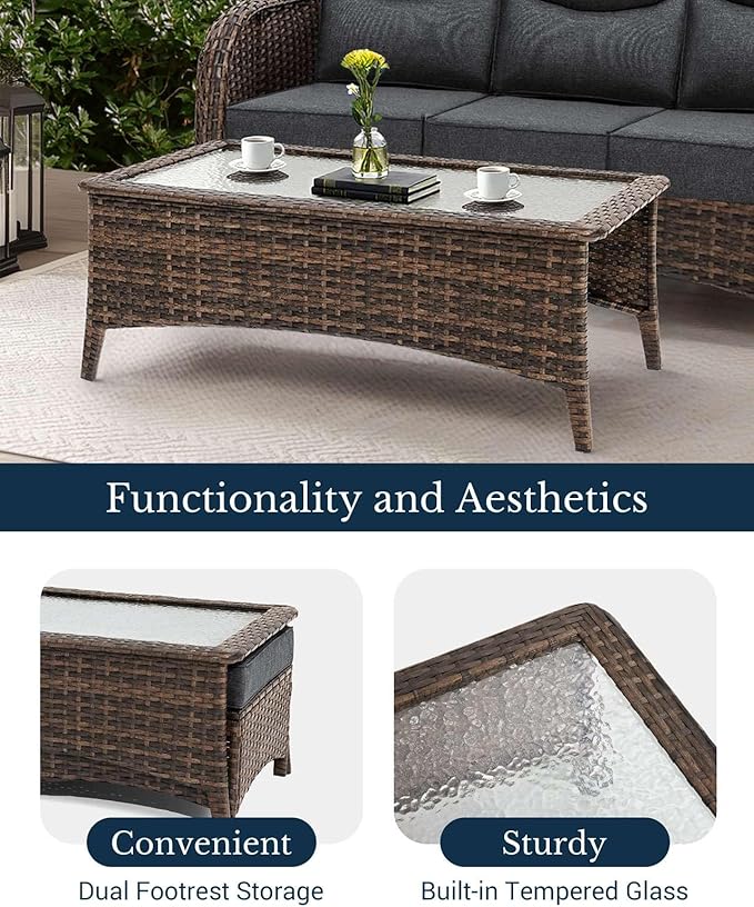 HILLGA Luxury Patio Furniture Set with 6-inch Thick Cushion, Outdoor Couch and High Back Swivel Rocker Patio Chairs, 11PCS Wicker Conversation Set for Deck Yard and Poolside, Dark Grey (V2)