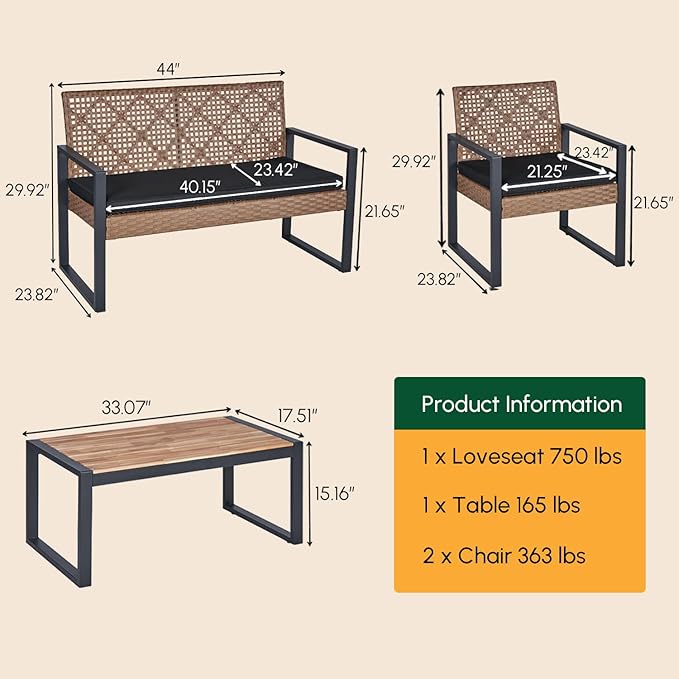 BEEFURNI Wicker Patio Furniture Outdoor Conversation Set of 4, Acacia Wood Table, 2 Rattan Chairs, 1 Loveseat, 2” Cushions, All-Weather, Easy Assembly, 1-Year Manufacturer Warranty (Brown)