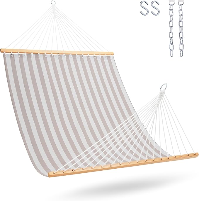 Lazy Daze Hammocks Quick Dry Hammock with Spreader Bar Textliene Fabric Double Outside Hammock with Chains Outdoor Patio Poolside Backyard Beach 450lbs Capacity, Beige White Stripes