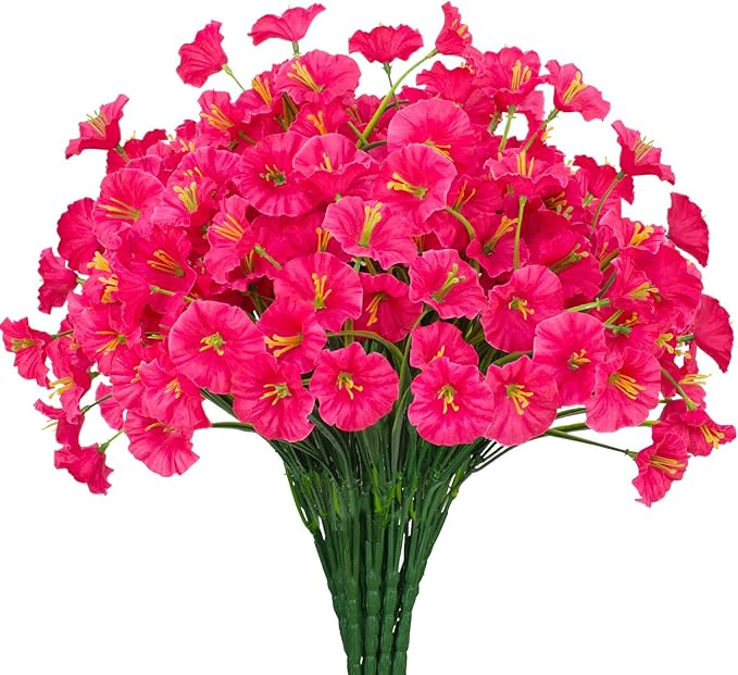15 Bundles Artificial Flowers UV Resistant Outdoor Plants No Fade Faux Plastic Shrubs Fake Silk Flowers Window Box Garden Porch Home Decoration (Morning Glory Fuchsia)