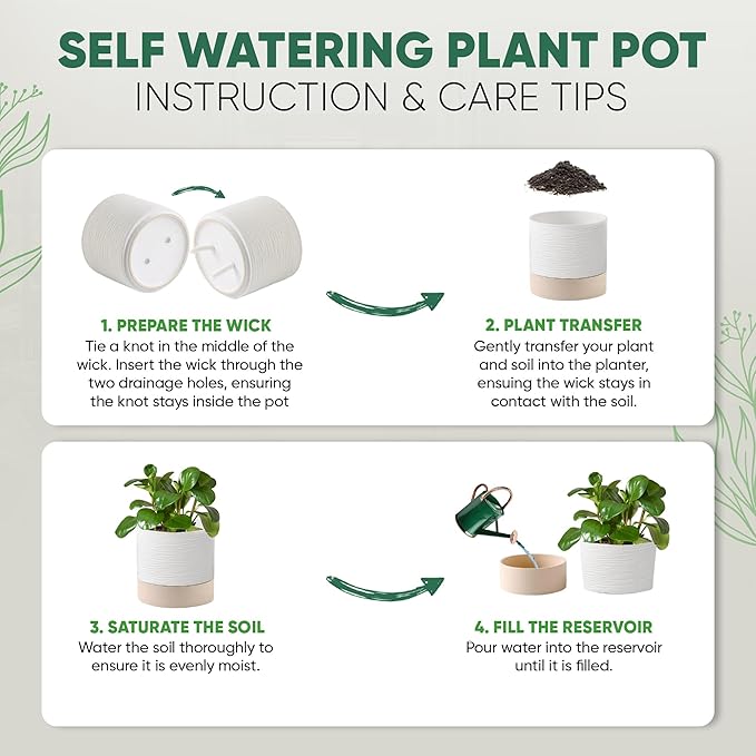 Self Watering Ceramic Plant Pots – 6 Inch White Planter with Drainage Hole & Water Storage for Succulents & Modern Indoor House Plants (White & Beige, 6" Wide)