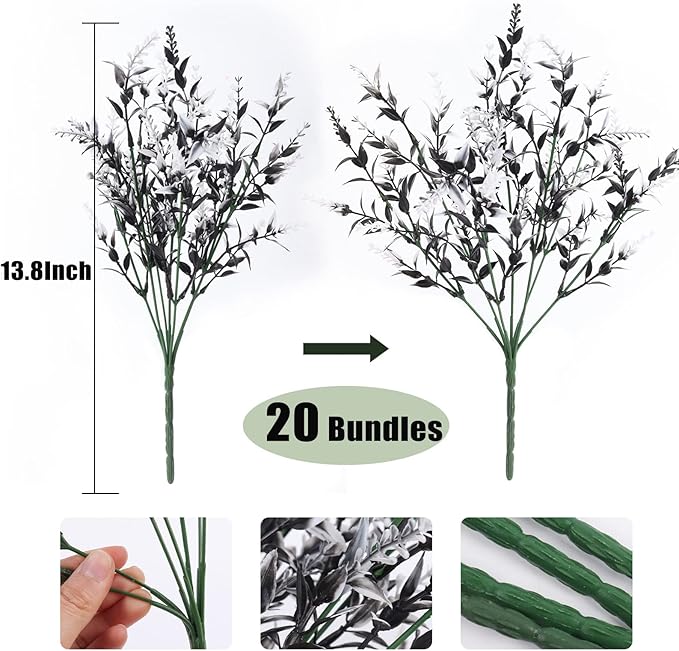 RECUTMS Black Flower,Black Fake Plants Decor,20 Bundles Artificial Flowers Fake Outdoor Plants Faux UV Resistant Lavender Flower Plastic Shrubs Indoor Outside Hanging Decorations (Black+White)