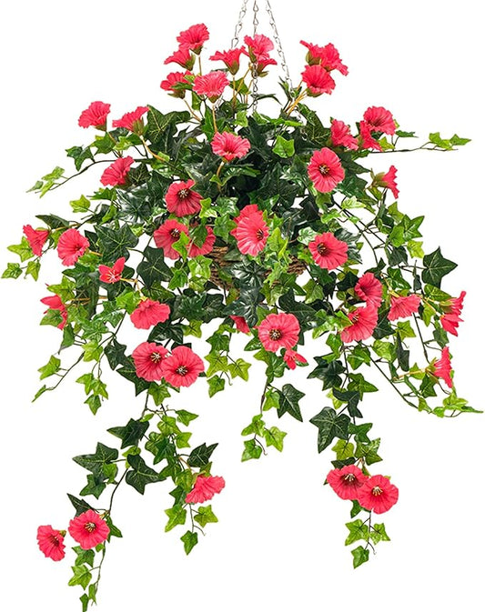 Artificial Flowers Faux Outdoor Plants Artificial Petunias For Outdoors Uv Resistant Fake Petunias Plants Hanging Flower Patio Decor Outside Basket Realistic Silk Plant No Pot(Rose Red 2pcs)
