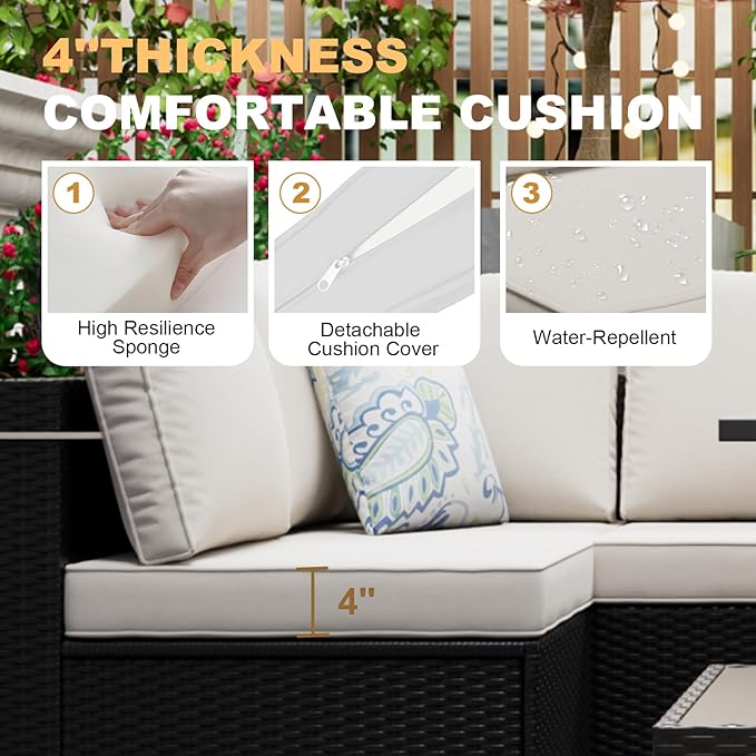 Patio Furniture Set with Fire Pit Table 28", 8-Piece Outdoor Furniture Conversation Set with Cushions，Wicker Sectional Sofa for Porch Garden Backyard, Coffee/Beige