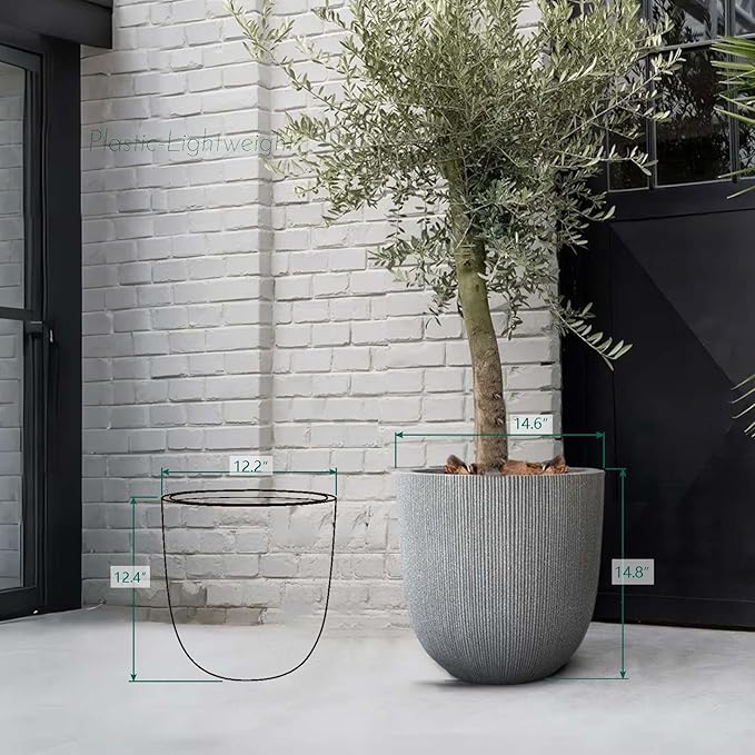 14.8" Tall Round Plastic Planter for Indoor Outdoor Plants, Large Indoor Outdoor Plant Pots with Drainage Hole and Plug, Flower Pots for Plants, Modern Decorative Planter Pots for Home Garden Patio