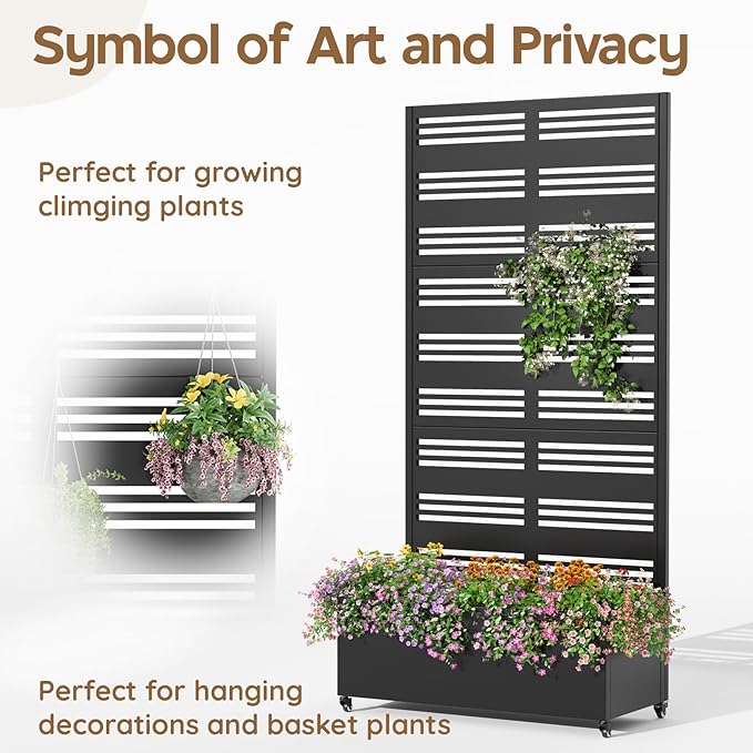 Metal Raised Garden Bed with Trellis & Wheels,70" x 35"x 15.7" Planter Box with Trellis,Privacy Planters for Patio,Garden Bed for Climbing Plants,Suitable for Climbing Plants and Vegetables,Black