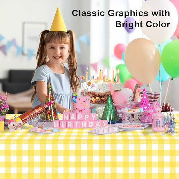 3 Pack Yellow and White Checkered Tablecloth, Yellow Plastic Table Cloths for Parties Disposable, 54 x 108 inch Waterproof Yellow Gingham Camping Tablecloth for Birthday, Party, Picnic, School