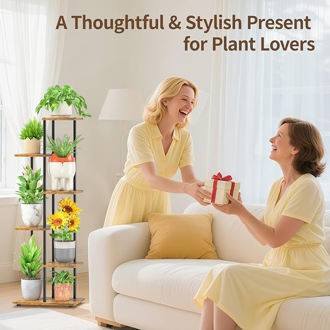 LASZOLA Black 5 Tiered Wood Plant Stand Indoor for Larger Heavy Duty Planter, Sturdy Multi Level Vertical Flowers Racks for Narrow Inside Floor, Decorate Shelving for Hold House Tree, Space Saving