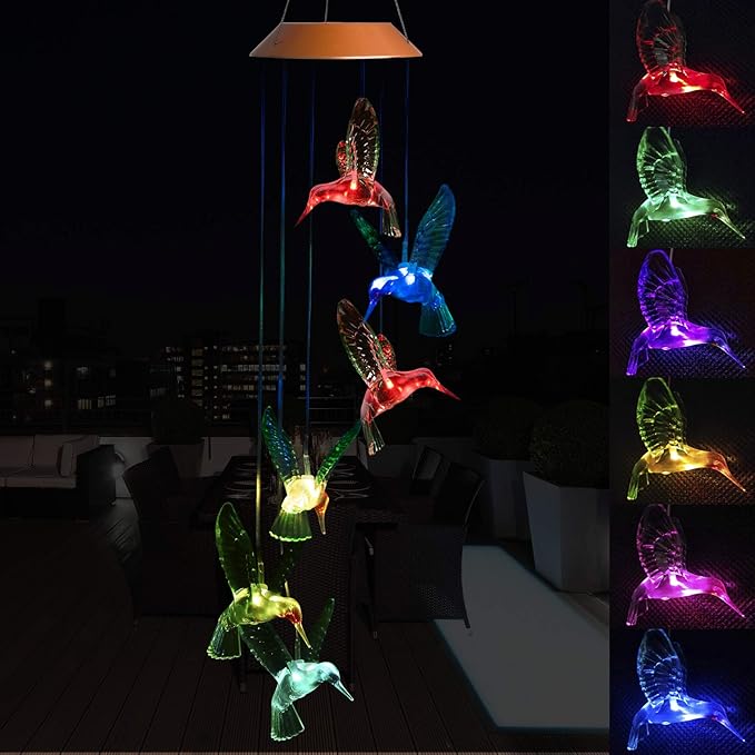 LED Solar Hummingbird Wind Chimes Outdoor - Waterproof Mobile Changing Light Color Wind Chime, Six Hummingbirds LED Wind Chimes for Home, Xmas Mom Gifts, Party, Festival Decor, Night Garden Decoration