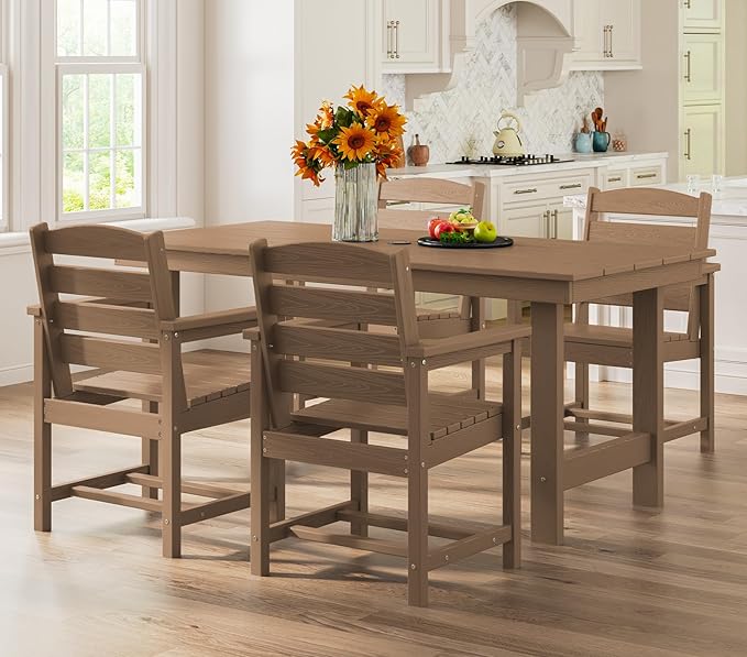 SERWALL Patio Dining Table Sets 5-Piece, Outdoor HDPE Dining Furniture Set with Umbrella Hole Cut-Out Table and 4 Chairs, All Weather Dining Set for Lawn, Garden, Backyard, Poolside, Brown