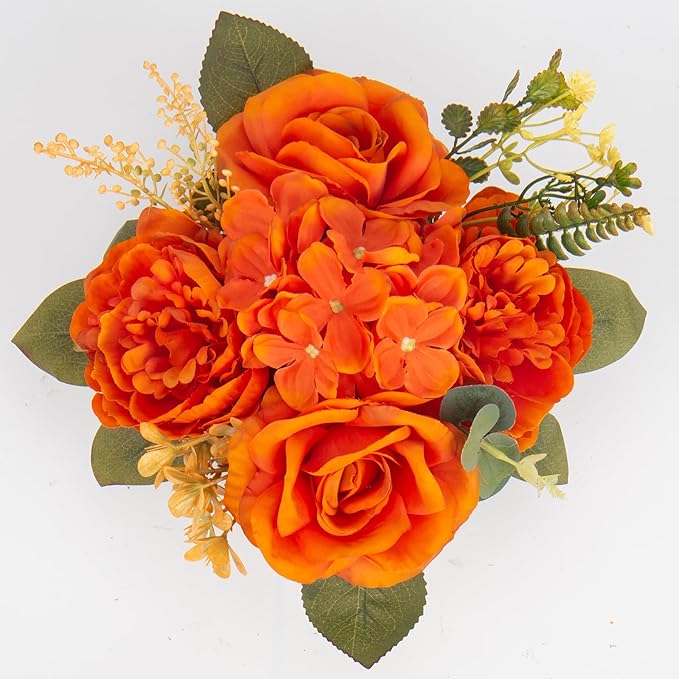 Flower Arrangement with Wooden Vase 8" Artificial Flowers in Pot - Fake Flowers Roses Peonies Hydrangeas in Wooden Vase Potted Artificial Flower Centerpieces for Table Decor Living Room - Burnt Orange