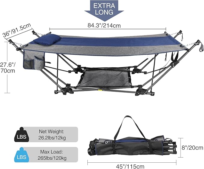 RedSwing Extra-Long Portable Folding Hammock with Stand,Fold Up Hammock with Removable Pillow,Storage Net,Foldable Camping Hammock for Adults for Outdoor,Backyard,Beach,Garden,Lawn