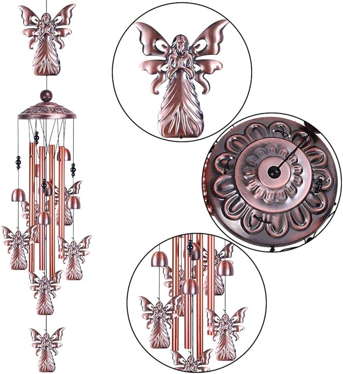 36" Garden Angel Wind Chimes Outdoor Indoor Decor -with 4 Aluminum Tubes 6 Bells 7 Angels Mobile Romantic Wind Catcher Angel Windchimes for Home, Xmas Mom Gifts, Balcony, Festival, Garden Decoration