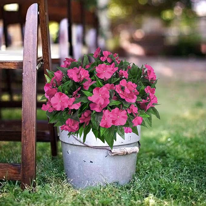 8 Bundles Artificial Flowers for Outdoors Silk Impatiens Flowers UV Resistant Faux Impatiens Plants Faux Flowers for Outdoor Planters Pot Lawn Garden Balcony Hanging Basket Porch (Rose Red)