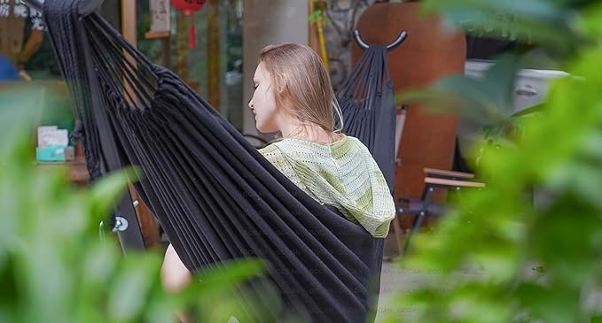 Double Hammock 2 Person Extra Large 330X150cm Load Capacity 600Pound Canvas Cotton Hammock for Patio Porch Garden Backyard Lounging Outdoor and Indoor XXL(Black)