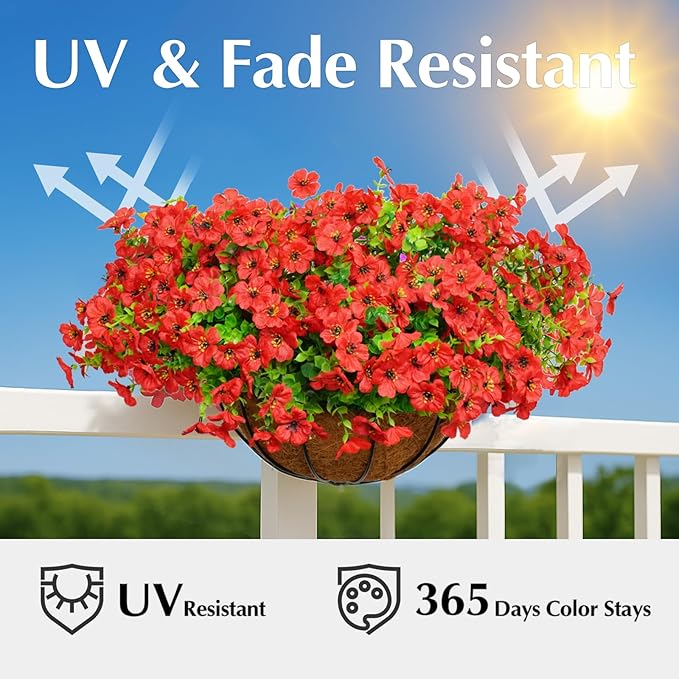 Artificial Flowers for Outdoors, 12 Bundles Outdoor Faux Plants,Uv Resistant Artificial Fake Flowers Plants, Realistic Spring Decor for Porch, Patio, Yard (Red)