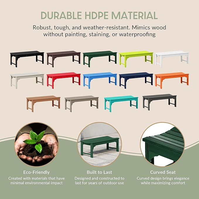 WestinTrends Malibu Outdoor Bench, All Weather Resistant Poly Lumber Backless Patio Garden Bench, Adirondack Curved Bench Seat for Comfort, Dark Green