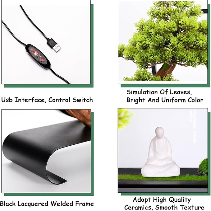 Zen Artificial Tree with Lamp Rings, Realistic Simulation Bonsai, Welcome Pine Faux Potted with Backflow Incense, Artificial Bonsai for Home Office Garden Patio Farmhouse Decoration (Pines)