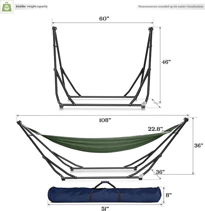 Tranquillo UniGen Hammock, Hammock with Stands Heavy Duty Indoor/Outdoor Hammock with Signature Steel Stand, 600lbs Premium Foldable, Durable 2-Layered Soft Polyester, Moss Green