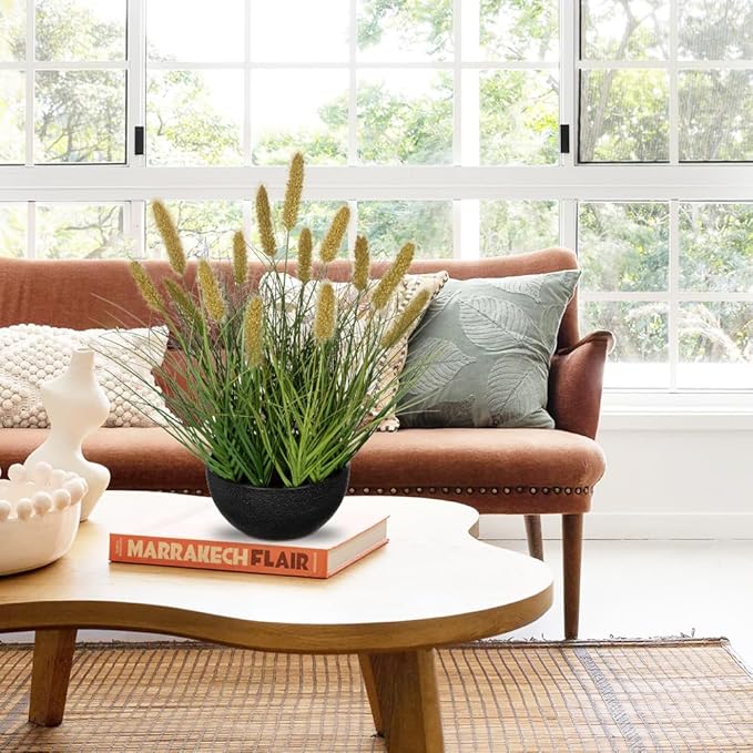 Artificial Plants Indoor with Pot, 17.3" Fake Potted Plants Artificial Onion Grass Plant with Coffee Dog Tail Grass Small Faux Plant Indoor for Home Living Room Table Shelf Decor