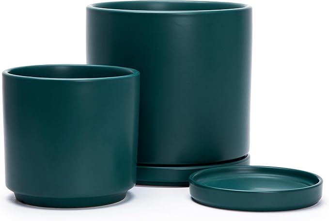 D'vine Dev 6 Inch & 8 Inch Ceramic Planter Pots for Plants with Drainage Hole and Saucer, Medium Plant Pots Set, Teal, 94-G-M-9