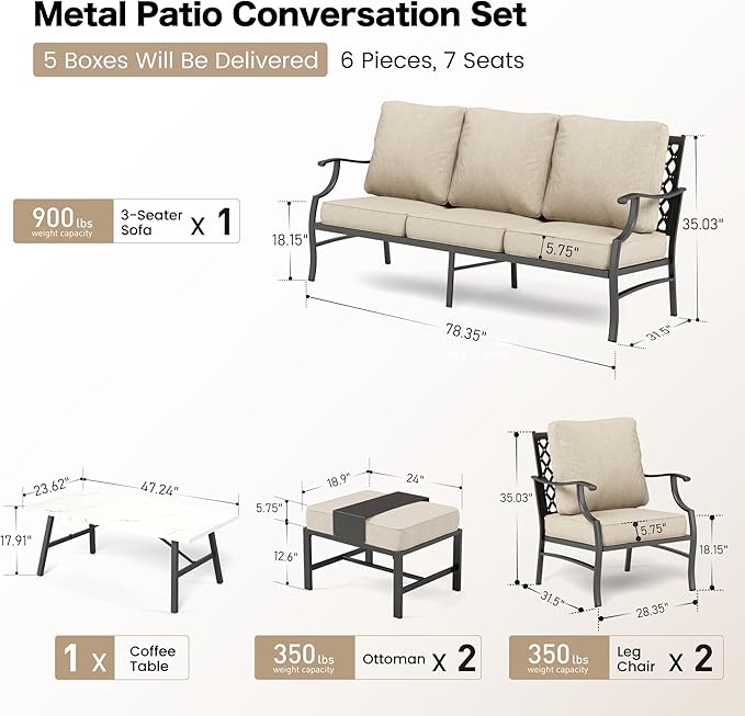Patio Furniture Set, Modern Metal Outdoor Patio Furniture, 3 Seater Sofa, 2 Single Chairs, 2 Ottomans, Coffee Table and 5.75" Extra Thick Cushion, Patio Conversation Set for Backyard