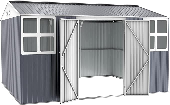 Metal shed 12x10 FT with Floor Kit, Outdoor Storage, Heavy-Duty Garden Sheds with Customizable Skylight & Reinforced Steel Frame, Weatherproof Galvanized Tool Tiny House for Backyard, Patio, and Lawn